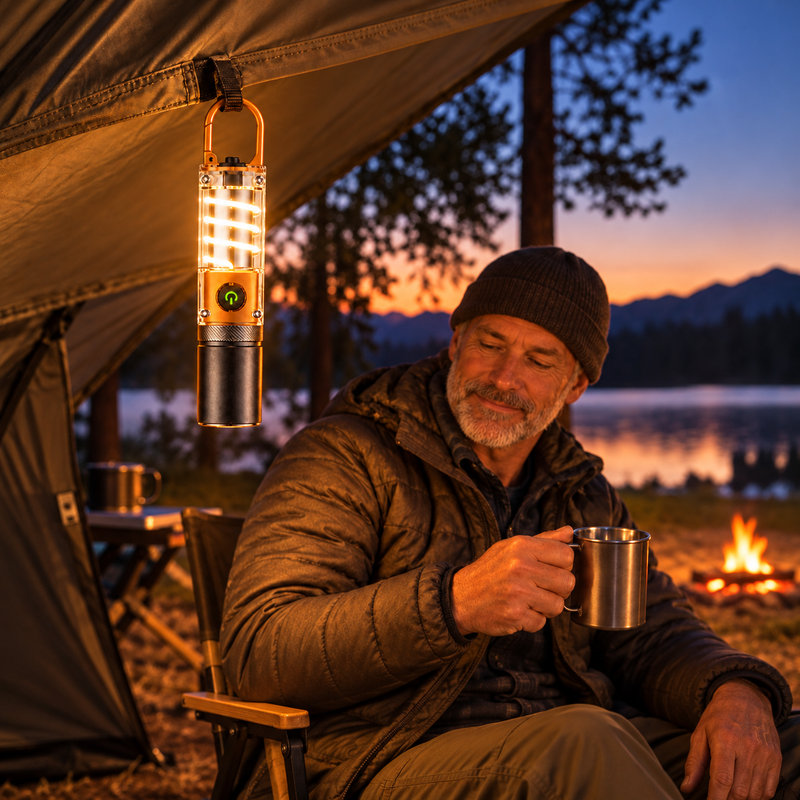 GlowHook X10 — Hang a light above camp. Illustrative scene.