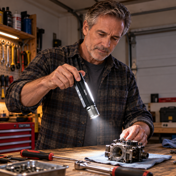 Man using the NexTool flashlight at a workbench