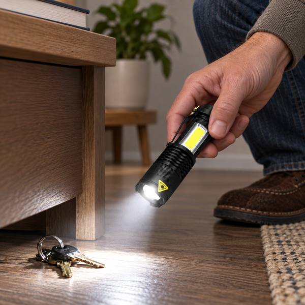 Hand using the Mini Titanium Laser flashlight to illuminate a floor