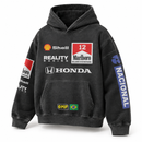 Black racing hoodie with sponsor-style graphics on a white background