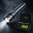 IRONCLAD X1 XL LED flashlight with beam beside its branded case with four batteries and a USB-C cable