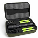 IRONCLAD X1 XL flashlight kit in its carrying case with four rechargeable batteries, USB-C cable and carabiner clip