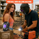 Portable Mini Welding Machine 200A IGBT in use at construction site with free protective mask promotional banner