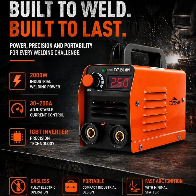 Mini Welding Machine 200A IGBT – 2000W power, 30–200A adjustable current, gasless portable design infographic