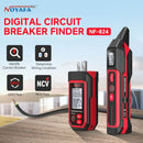 NOYAFA NF-824 digital circuit breaker finder kit showing transmitter and receiver with GFCI test, NCV test, breaker identification and wiring condition icons