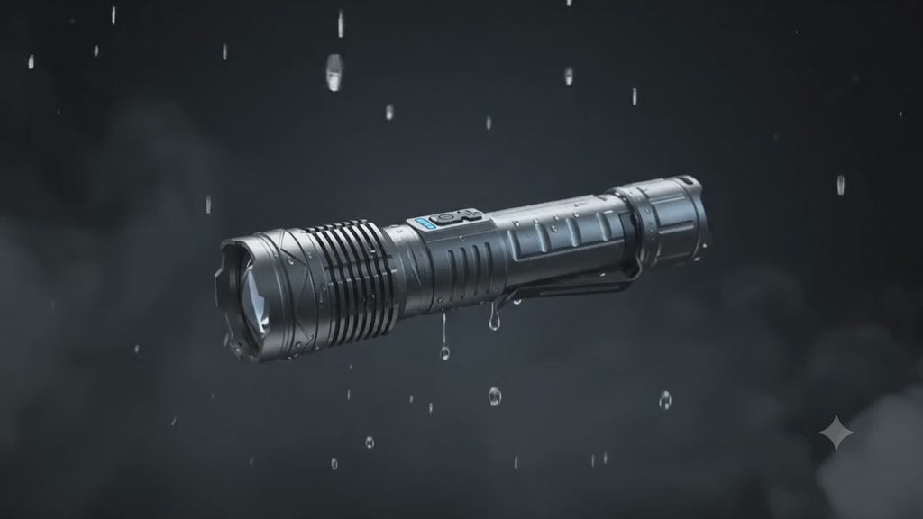 Titanium Laser Pro Flashlight waterproof close-up video showing the aluminum body, battery indicator and zoom lens under water drops