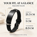 Adjustable black veteran bracelet size guide showing 21.5 cm length, 1 cm width and 0.3 cm thickness