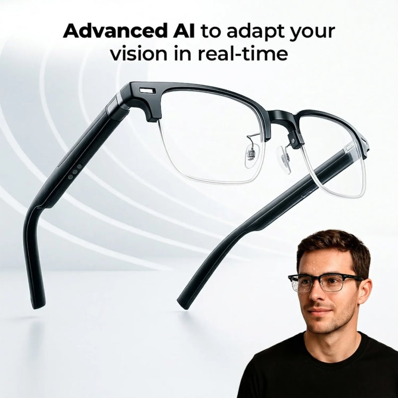 SmartVision AI Adaptive Glasses product frame with advanced AI real-time vision adaptation feature callout