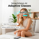 Woman wearing SmartVision AI glasses with real-time AI translation and military-grade polymer frame feature callouts