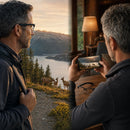 SmartVision AI glasses with HD recording feature used outdoors in nature — split scene with phone