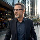 Man wearing SmartVision AI smart glasses walking in urban city environment