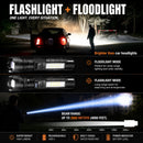 Titanium Laser Pro Flashlight – tactical flashlight with COB side light, battery indicator, wrist strap, and USB charging cable on white background