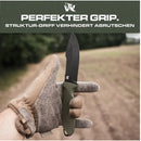 Gloved tactical hand holding the WOLFSTRIKE D2 Survival Knife, showcasing the ergonomic non-slip handle