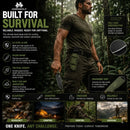 Survival Knife infographic highlighting D2 steel blade, full tang construction, tactical sheath, and ergonomic grip for bushcraft, camping, hunting, and survival