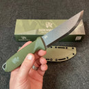 Hand holding the WOLFSTRIKE D2 Survival Knife with exposed D2 steel blade and green Kydex sheath, with product packaging in background
