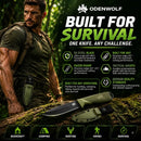 Survival Knife infographic showing use cases for bushcraft, camping, hunting, and survival with D2 blade technical specifications