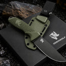 Survival Knife with green Kydex sheath and tactical belt clip, displayed on black gift box