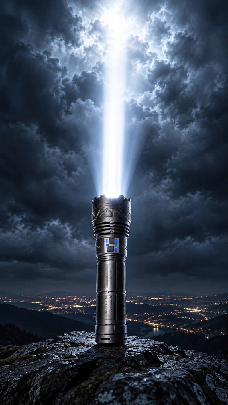 IRONCLAD flashlight casting a bright beam into the clouds