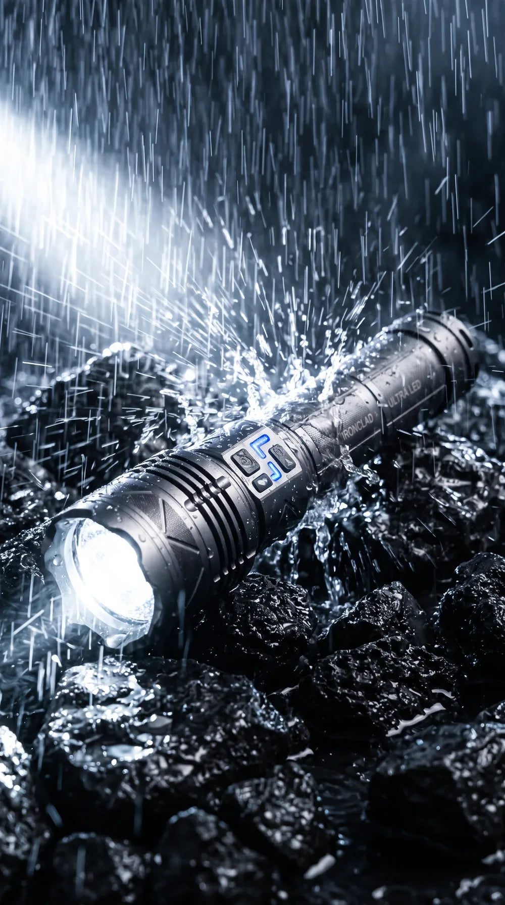 IRONCLAD flashlight illuminated on wet rocks with rain and splashes